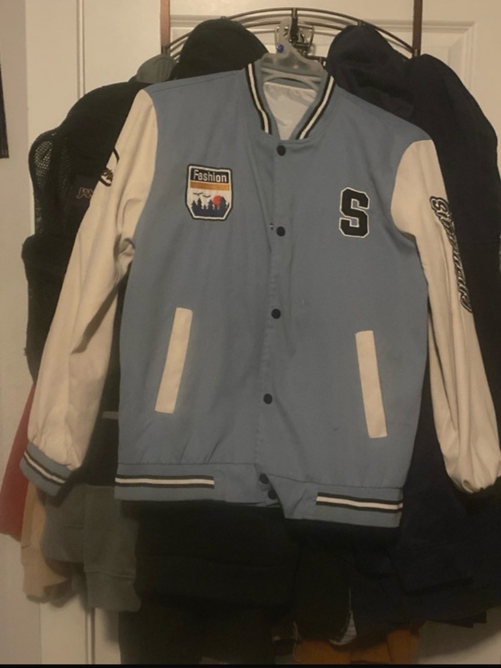 H&M Light Blue and White Varsity Jacket